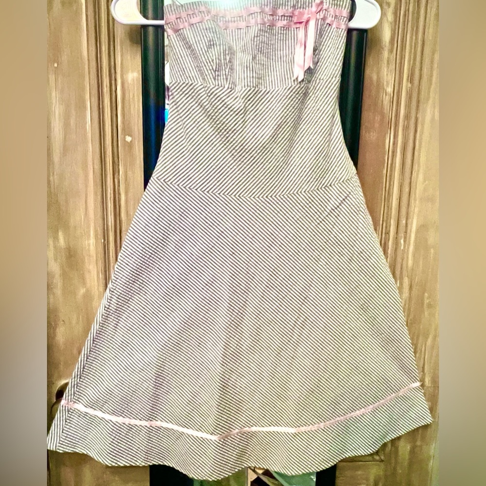 Strapless blue and white gingham dress with pink ribbon accents/ size Small.